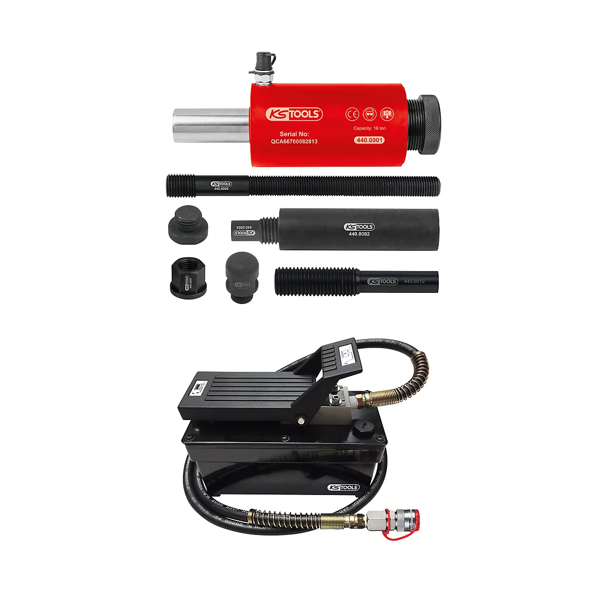 Hydraulisches Werkzeugset, rot-schwarz, bestehend aus Zylinder, Schrauben, Adaptern und Fußpumpe.